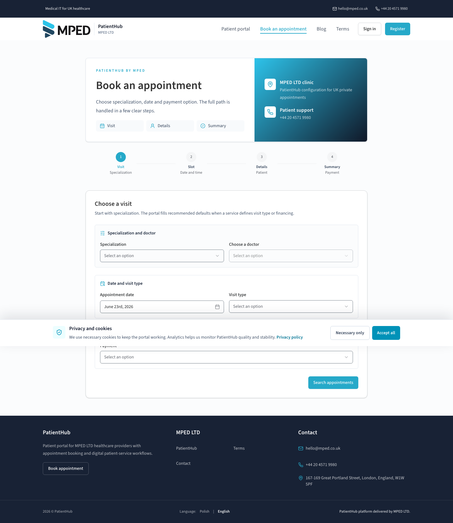 PatientHub UK appointment selection screen