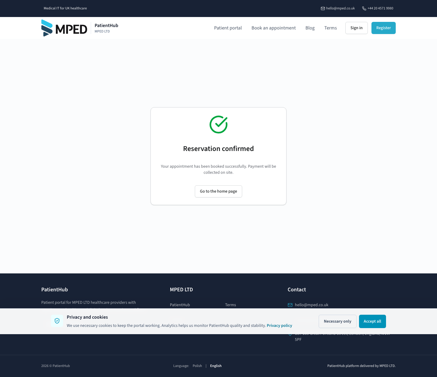 PatientHub UK reservation confirmation screen